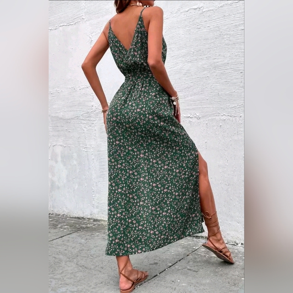 * New Boho Double Split Cami Dress Maxi Floral Dark Green - Picture 3 of 11